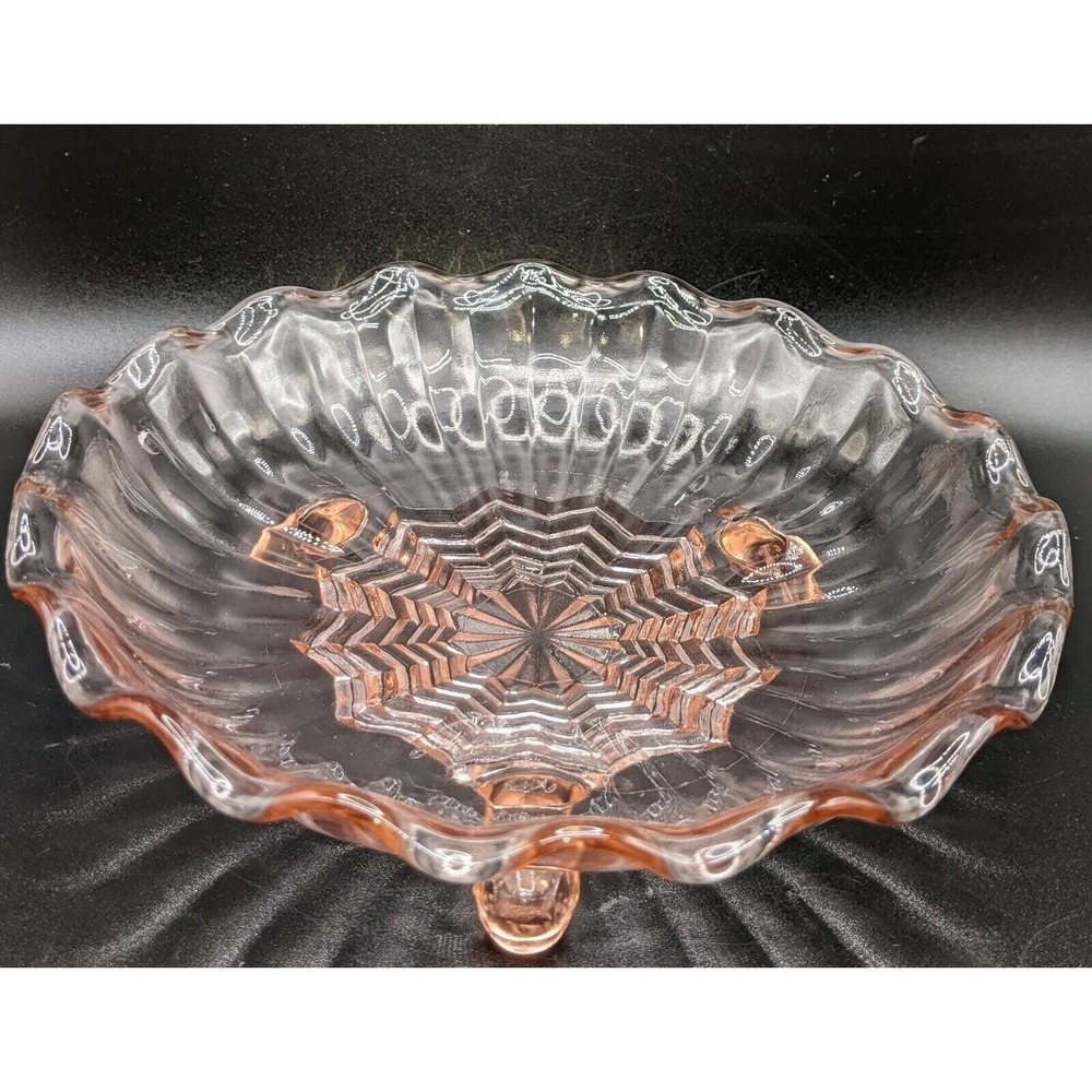 Vintage Pink Depression Glass Star Pattern Footed Bowl Candy‎ Nut Dish